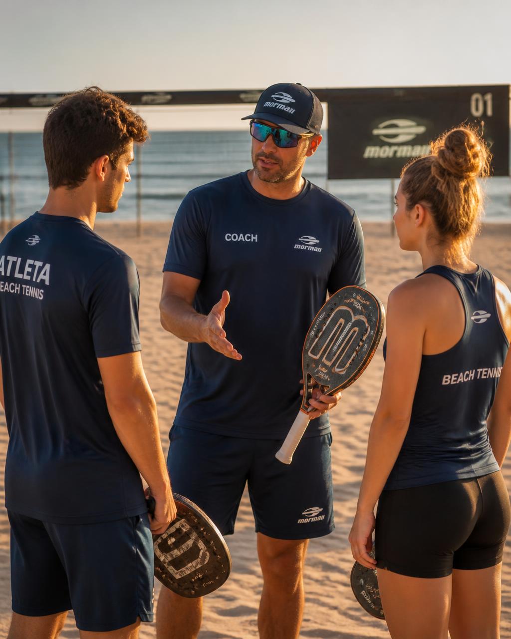 Treinador de beach tennis explicando a atividade para dois alunos com prancheta na areia
