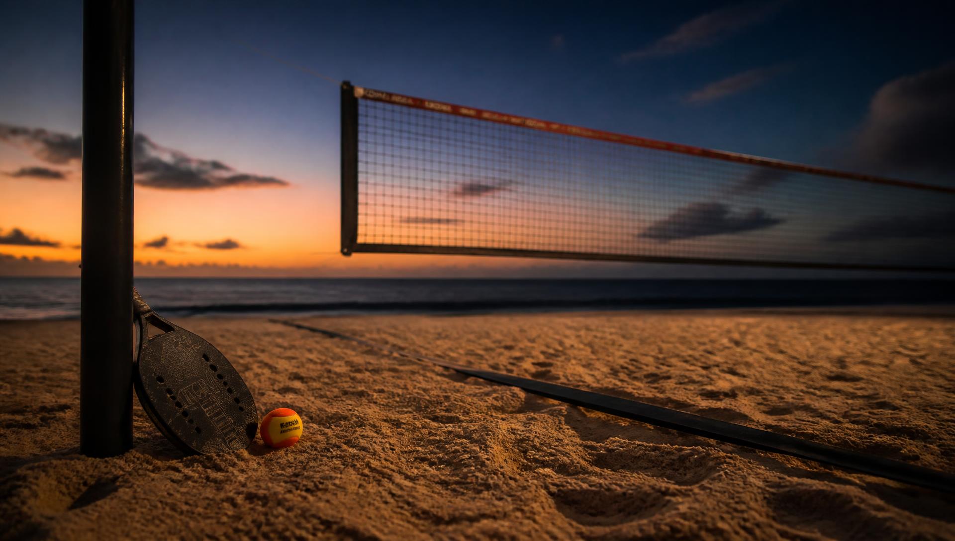 Quadra de beach tennis na areia ao entardecer, com raquete e bola ao lado da rede